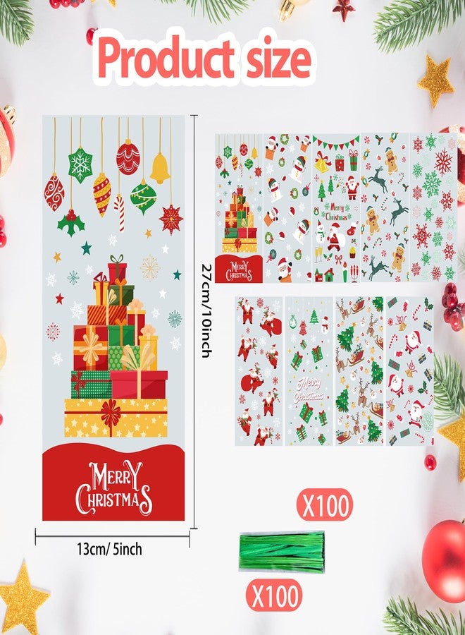 CUUSNNY 100 PCS Christmas Cellophane Treat Bags,9 Styles Clear Xmas Candy Goodie Bags with Twist Ties for Holiday Party Favors,Santa Claus Snowman Snowflake Gift Bags - Image 2